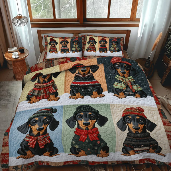 Wiener Wonderland quilted 3-piece bedding set on a made bed with two matching pillow shams