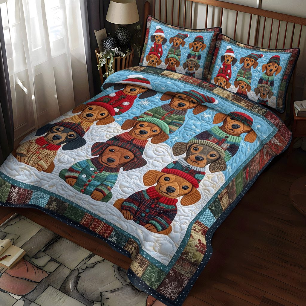 Wiener Wonders quilted 3-piece bedding set on a made bed with two matching pillow shams