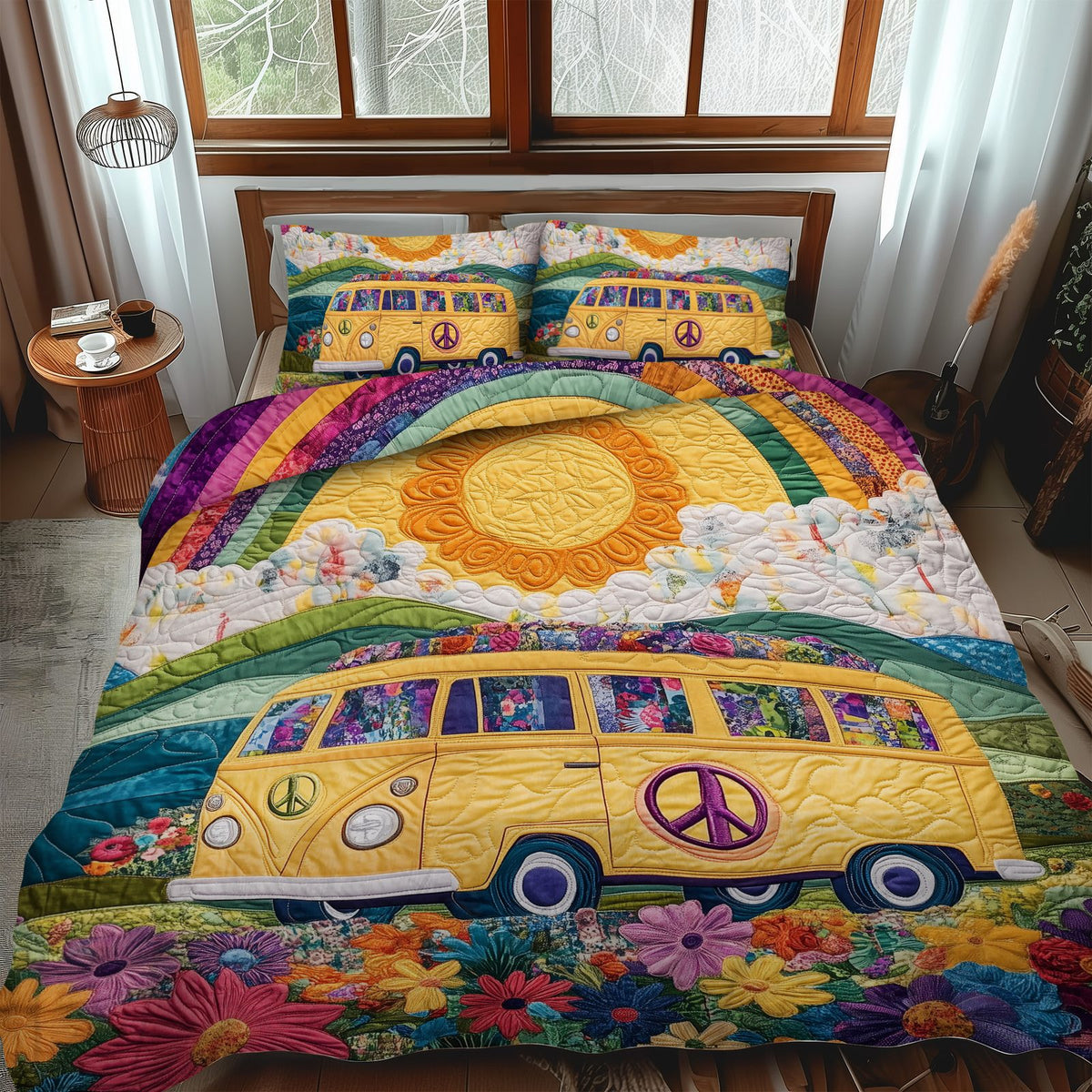 Wild and Free quilted 3-piece bedding set on a made bed with two matching pillow shams