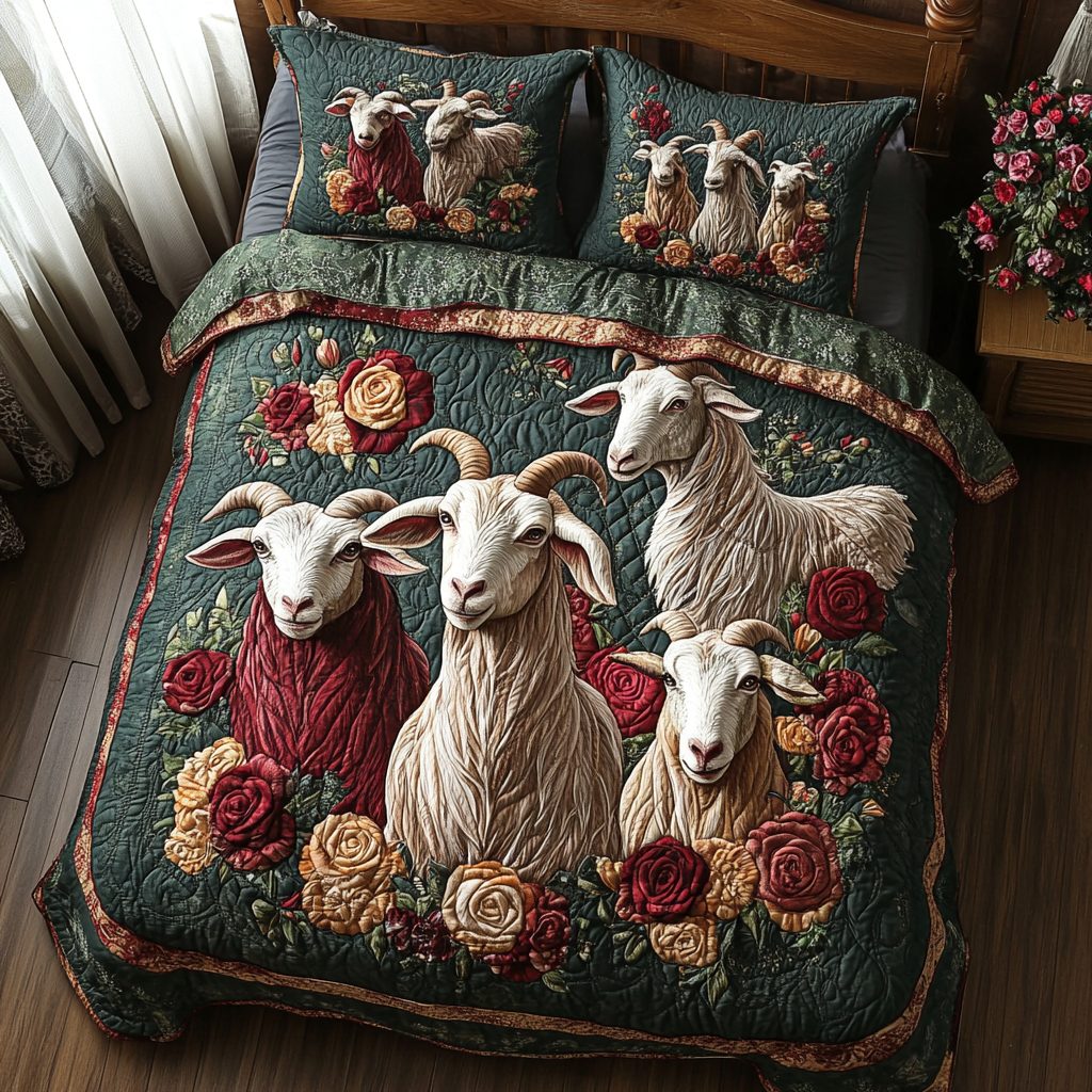 Wild and Woolly quilted 3-piece bedding set on a made bed with two matching pillow shams
