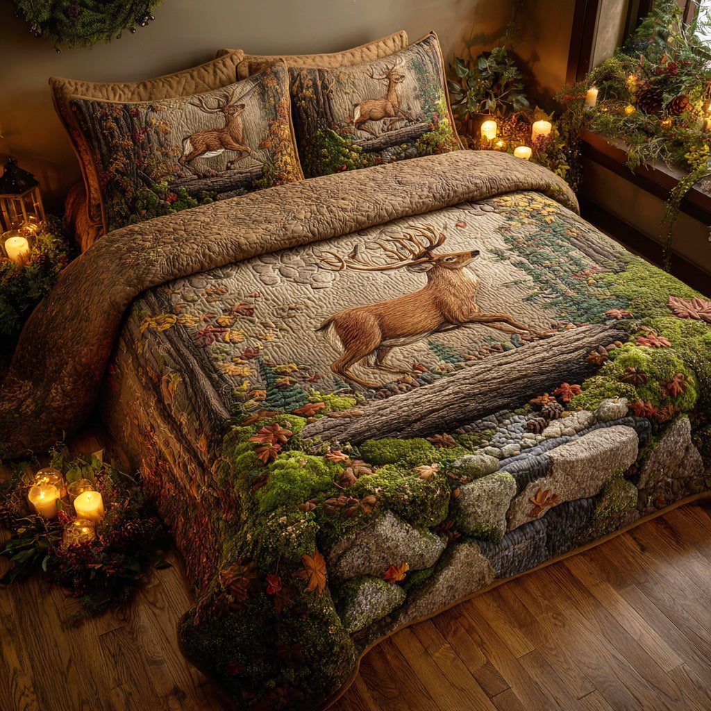 Wild Antler quilted 3-piece bedding set on a made bed with two matching pillow shams