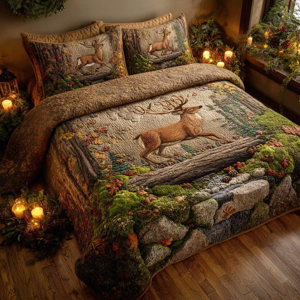 Wild Antler quilted 3-piece bedding set on a made bed with two matching pillow shams