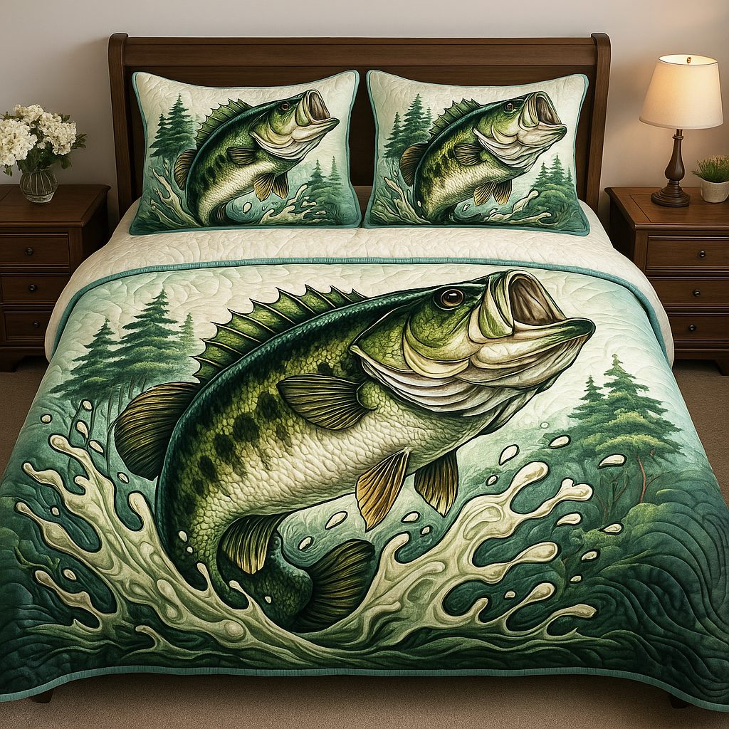 Wild Bass quilted 3-piece bedding set on a made bed with two matching pillow shams
