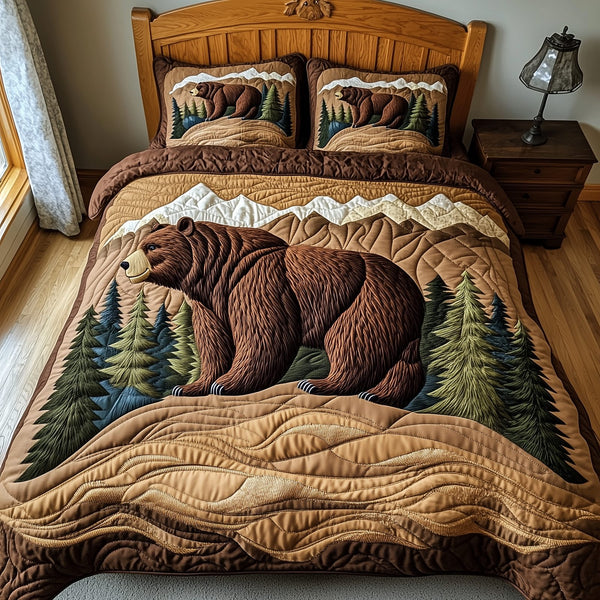 Wild Bear quilted 3-piece bedding set on a made bed with two matching pillow shams