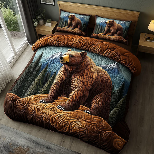 Wild Bear quilted 3-piece bedding set on a made bed with two matching pillow shams