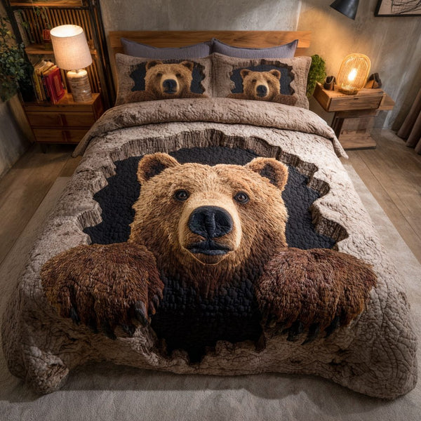 Wild Bear quilted 3-piece bedding set on a made bed with two matching pillow shams