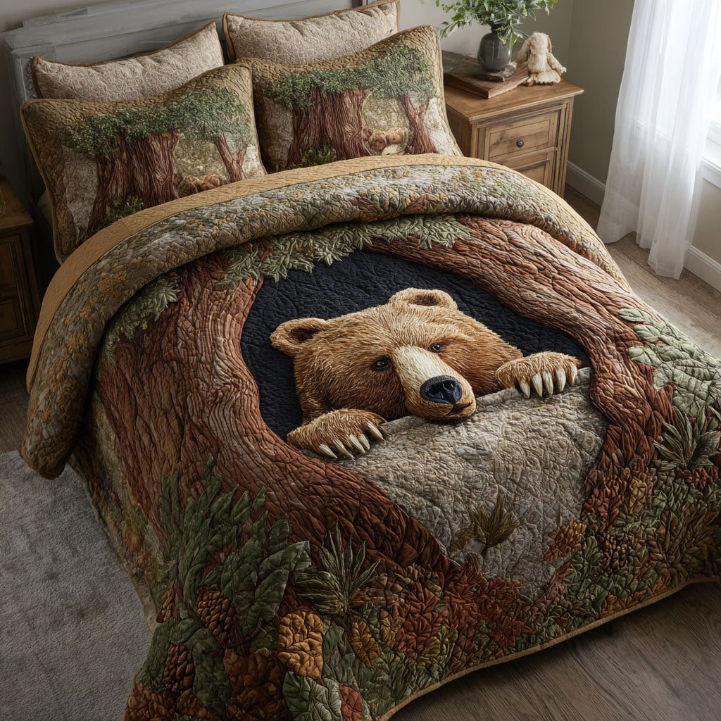 Wild Bear quilted 3-piece bedding set on a made bed with two matching pillow shams