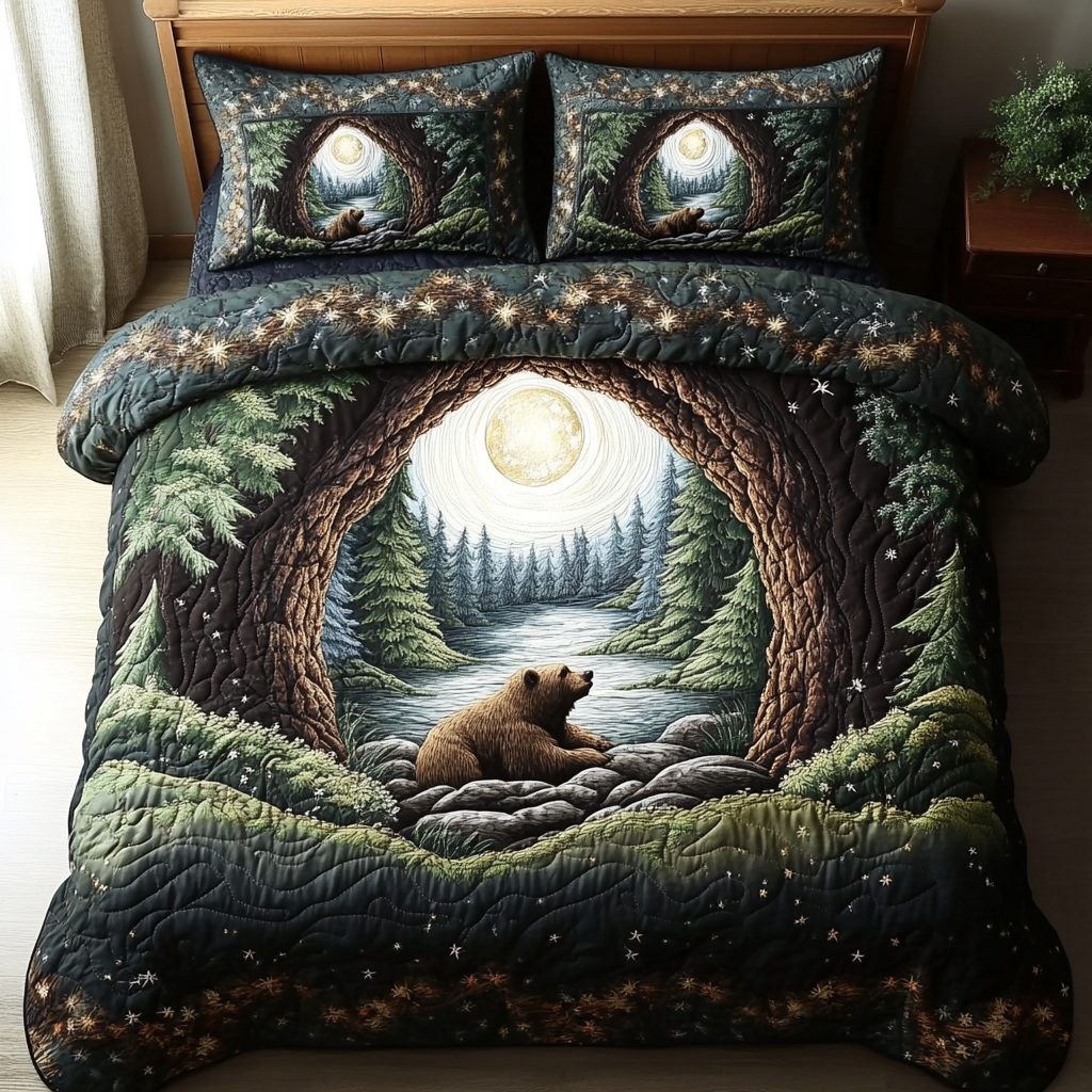 Wild Bear quilted 3-piece bedding set on a made bed with two matching pillow shams