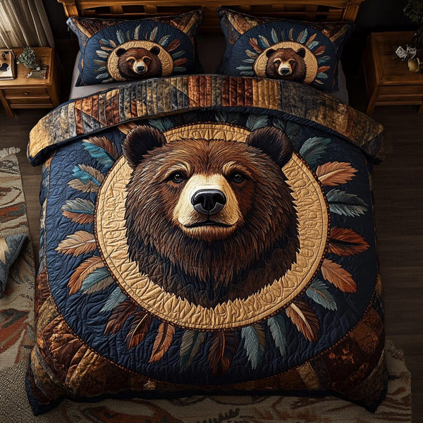 Wild Bear quilted 3-piece bedding set on a made bed with two matching pillow shams