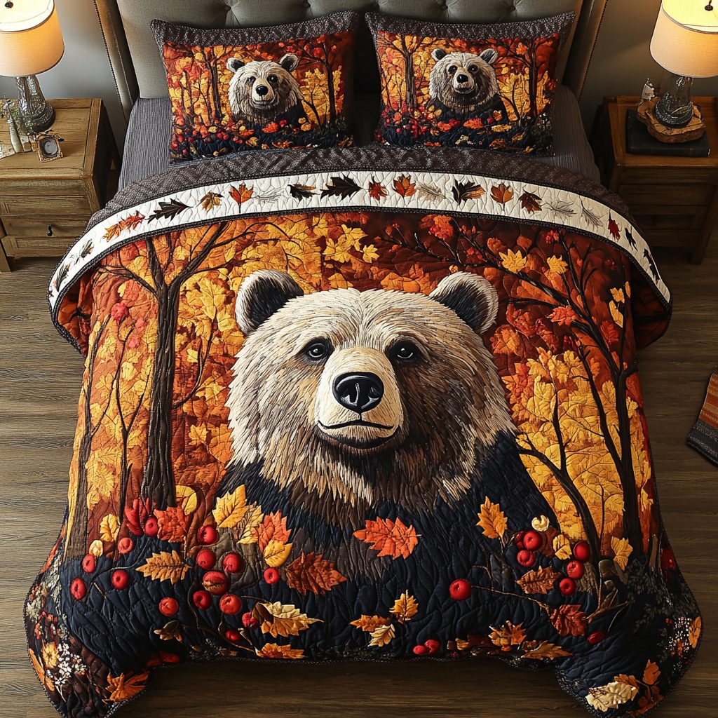 Wild Bear quilted 3-piece bedding set on a made bed with two matching pillow shams