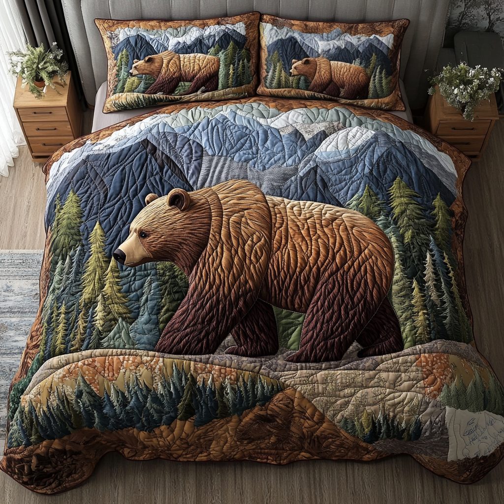 Wild Bear quilted 3-piece bedding set on a made bed with two matching pillow shams
