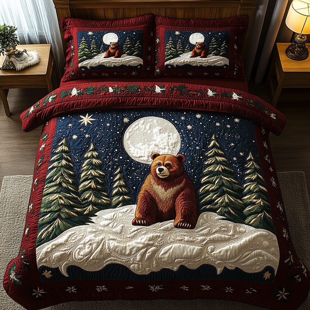Wild Bear quilted 3-piece bedding set on a made bed with two matching pillow shams