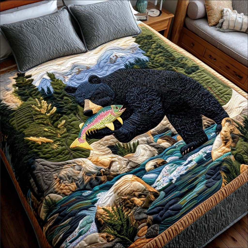 Wild Bear quilted 3-piece bedding set on a made bed with two matching pillow shams
