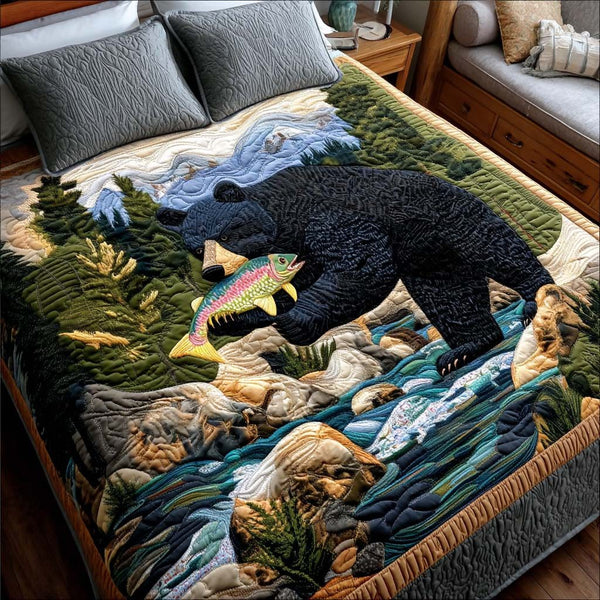 Wild Bear quilted 3-piece bedding set on a made bed with two matching pillow shams