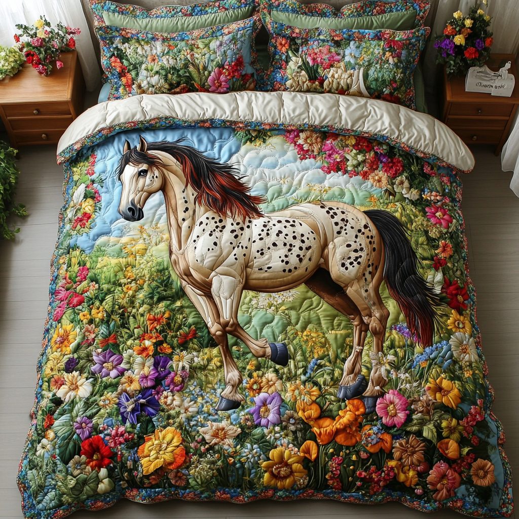 Wild Beauty quilted 3-piece bedding set on a made bed with two matching pillow shams