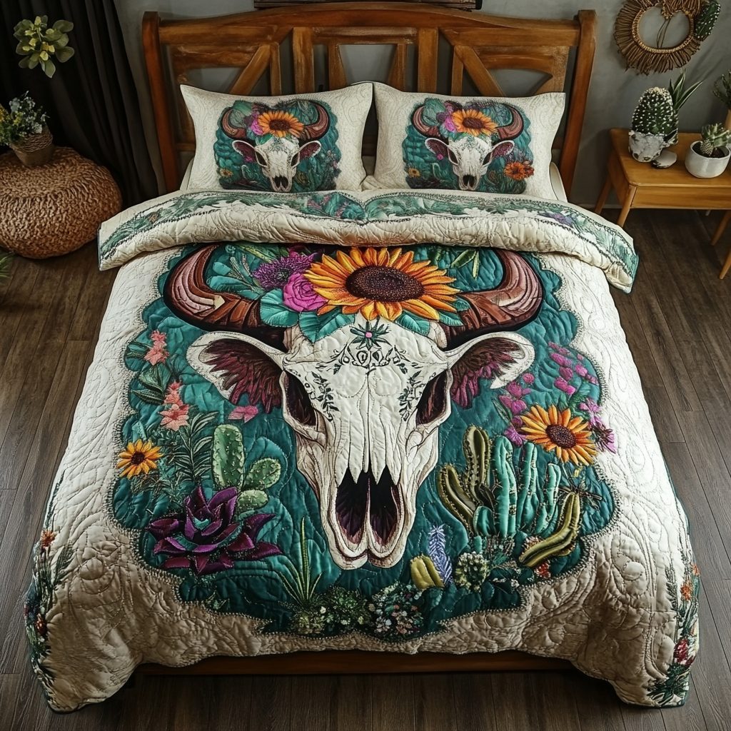 Wild Beauty quilted 3-piece bedding set on a made bed with two matching pillow shams