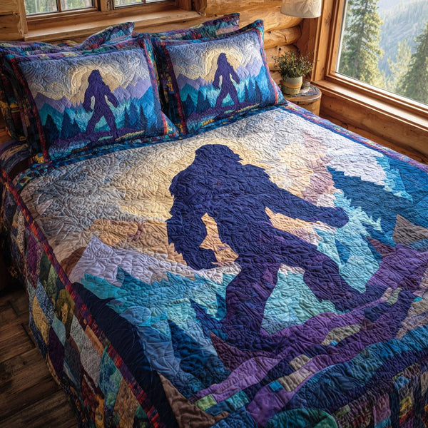 Wild Bigfoot quilted 3-piece bedding set on a made bed with two matching pillow shams