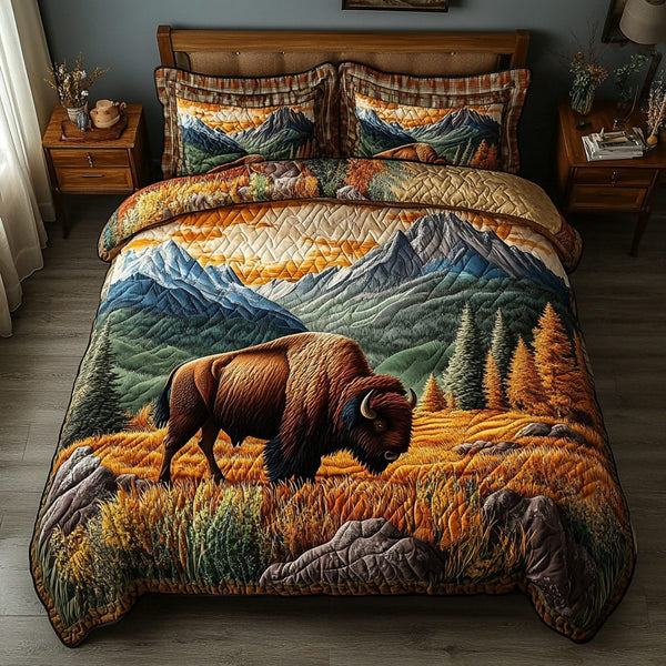 Wild Bison quilted 3-piece bedding set on a made bed in a rustic timber bedroom