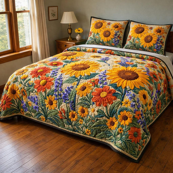 Wild Bloom quilted 3-piece bedding set on a made bed with two matching pillow shams