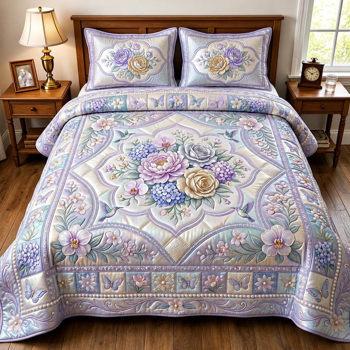 Wild Bloom quilted 3-piece bedding set on a made bed with two matching pillow shams