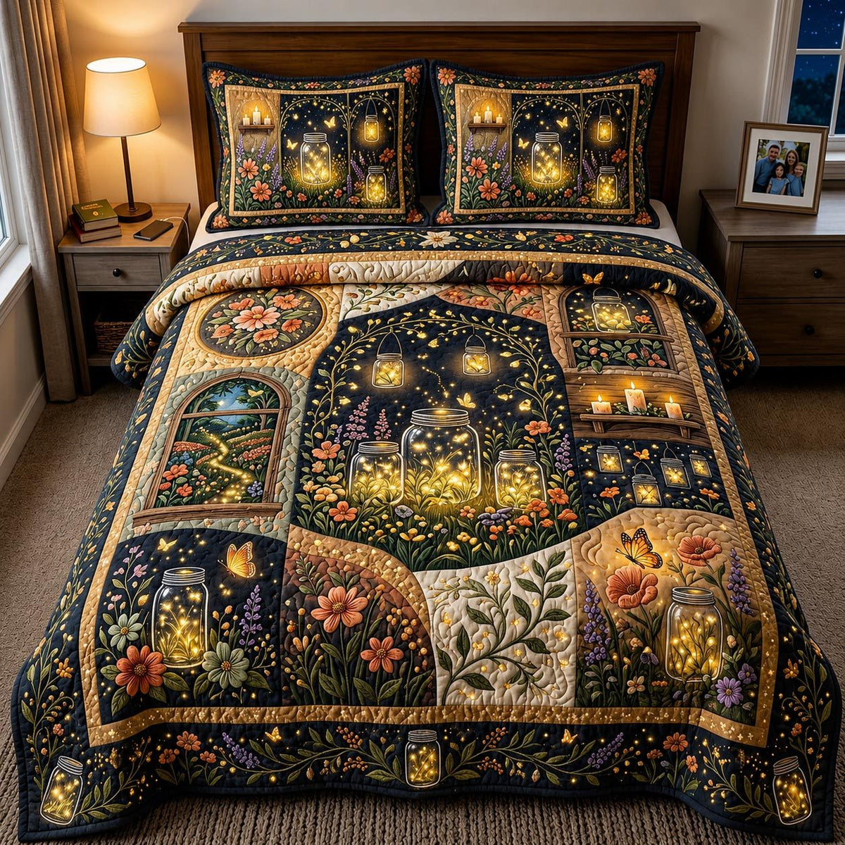 Wild Bloom quilted 3-piece bedding set on a made bed with two matching pillow shams
