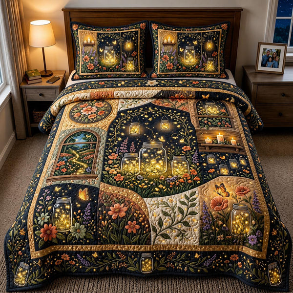 Wild Bloom quilted 3-piece bedding set on a made bed with two matching pillow shams