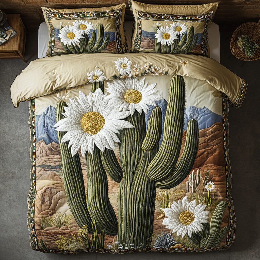 Wild Bloom quilted 3-piece bedding set on a made bed with two matching pillow shams