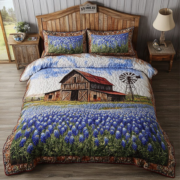 Wild Bloom quilted 3-piece bedding set on a made bed with two matching pillow shams