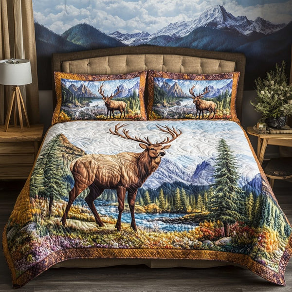 Wild Bloom quilted 3-piece bedding set on a made bed with two matching pillow shams