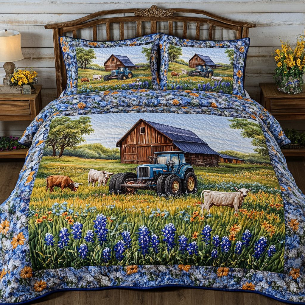 Wild Bluebonnet quilted 3-piece bedding set on a made bed with two matching pillow shams