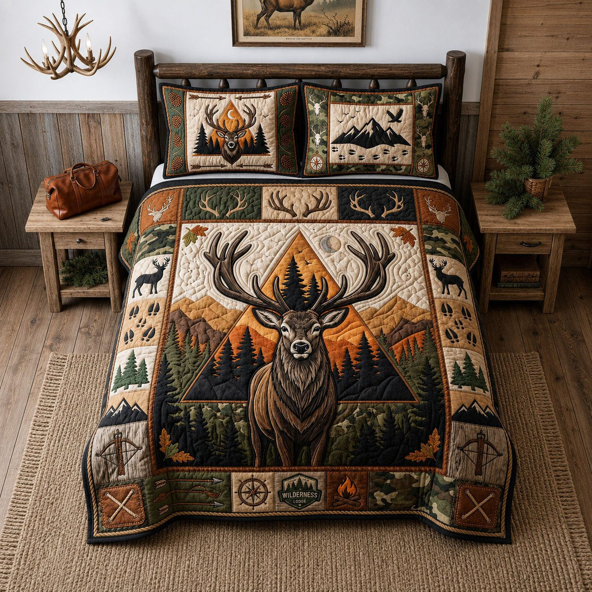 Wild Buck quilted 3-piece bedding set on a made bed with two matching pillow shams