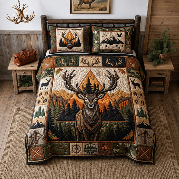 Wild Buck quilted 3-piece bedding set on a made bed with two matching pillow shams
