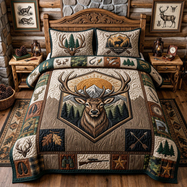 Wild Buck quilted 3-piece bedding set on a made bed with two matching pillow shams