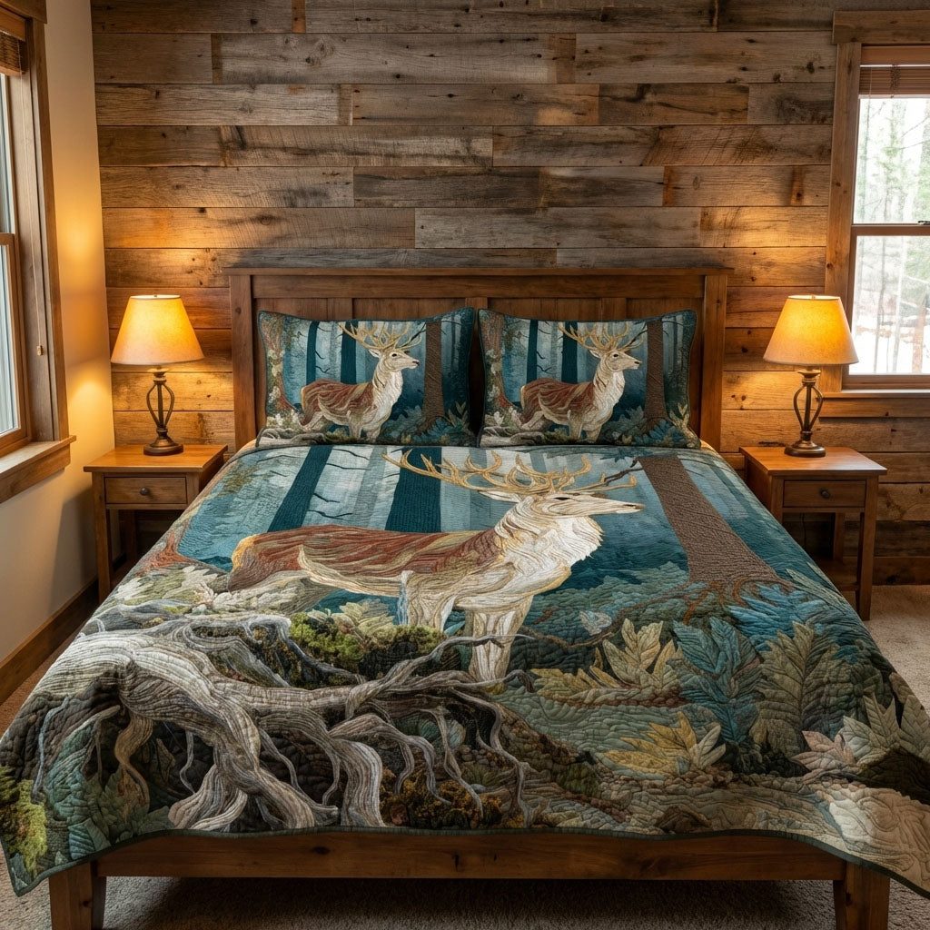 Wild Buck quilted 3-piece bedding set on a made bed with two matching pillow shams