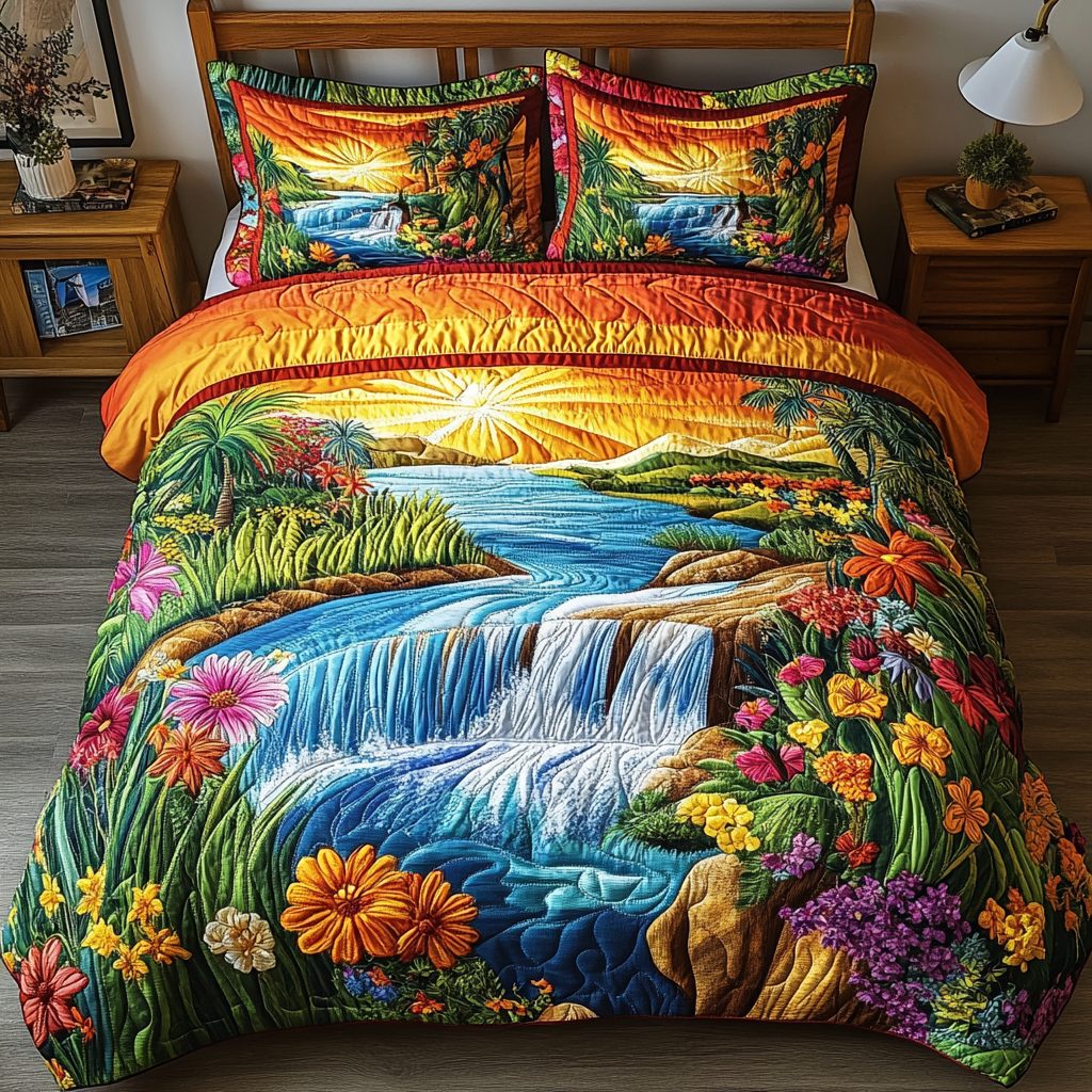 Wild Cascade quilted 3-piece bedding set on a made bed with two matching pillow shams