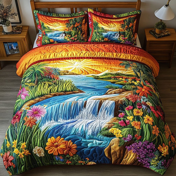 Wild Cascade quilted 3-piece bedding set on a made bed with two matching pillow shams