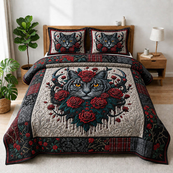 Wild Cat With Roses quilted 3-piece bedding set on a made bed with two matching pillow shams