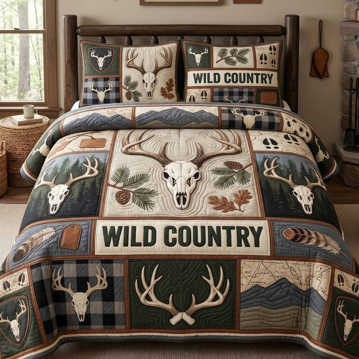 Wild Country quilted 3-piece bedding set on a made bed in a farmhouse bedroom