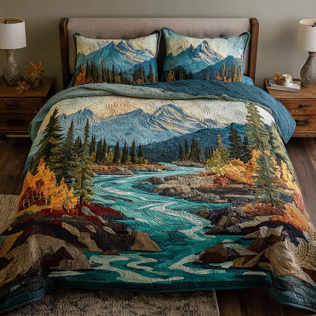Wild Creek quilted 3-piece bedding set on a made bed with two matching pillow shams