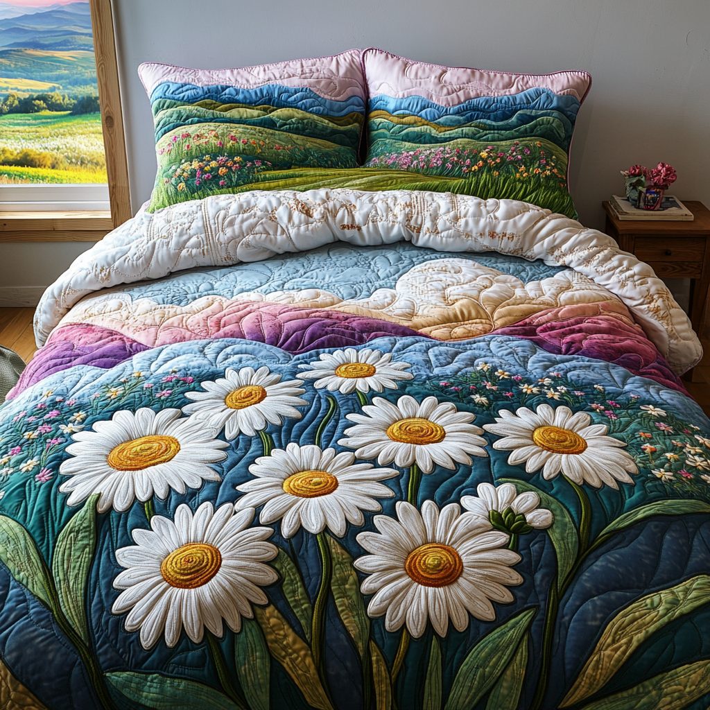 Wild Daisy Meadow quilted 3-piece bedding set on a made bed with two matching pillow shams