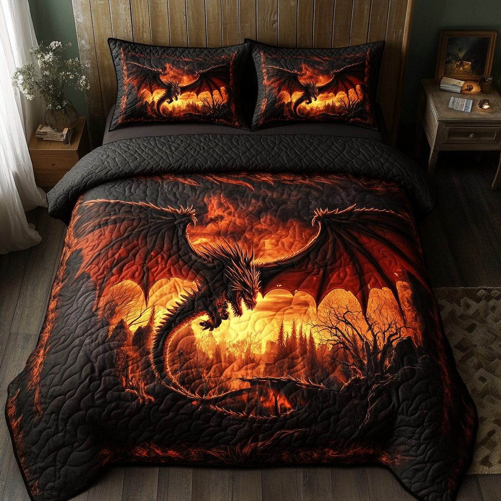 Wild Dragon quilted 3-piece bedding set on a made bed with two matching pillow shams