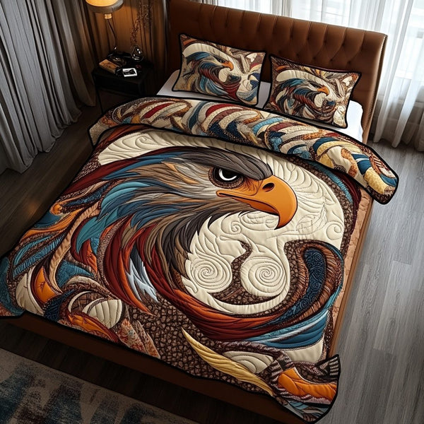 Wild Eagle quilted 3-piece bedding set on a made bed in a warmly lit bedroom