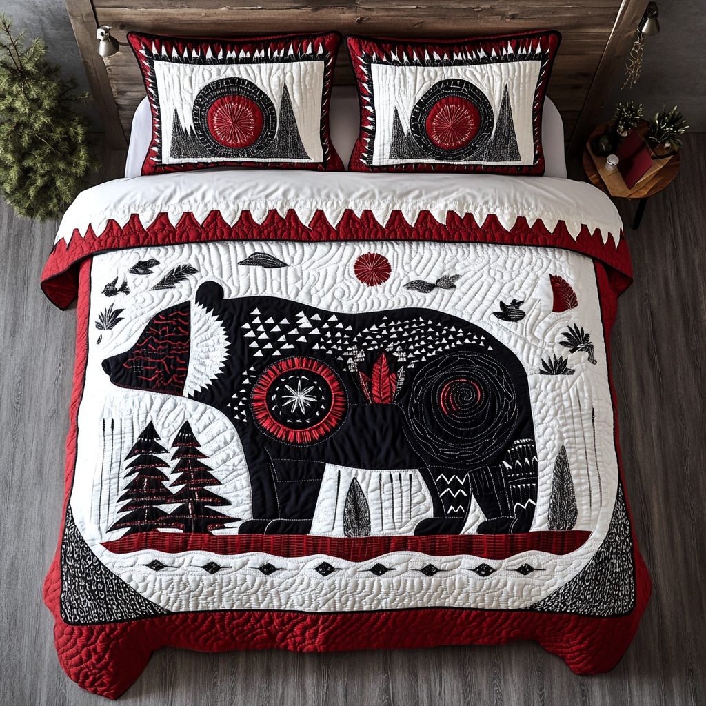 Wild Earth Guardian quilted 3-piece bedding set on a made bed with two matching pillow shams