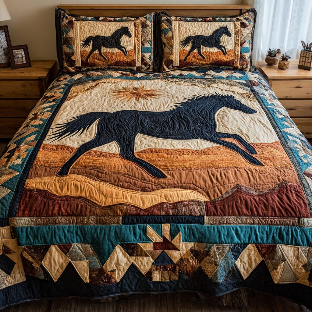 Wild Echo quilted 3-piece bedding set on a made bed with two matching pillow shams