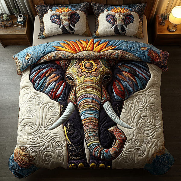 Wild Elephant quilted 3-piece bedding set on a made bed with two matching pillow shams