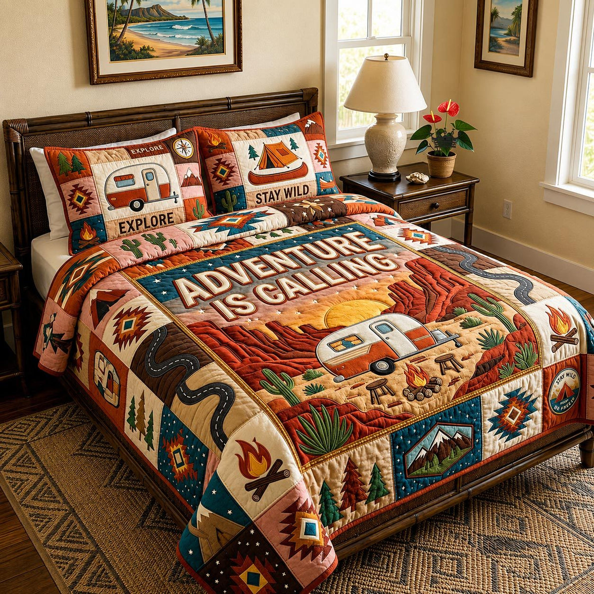 Wild Escape quilted 3-piece bedding set on a made bed with two matching pillow shams
