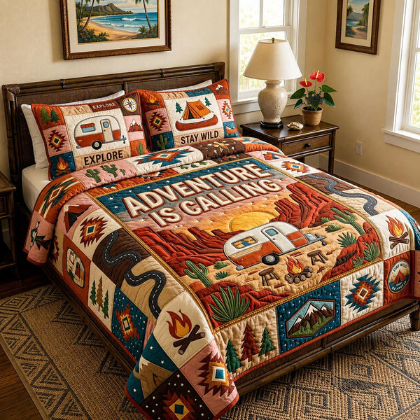 Wild Escape quilted 3-piece bedding set on a made bed with two matching pillow shams
