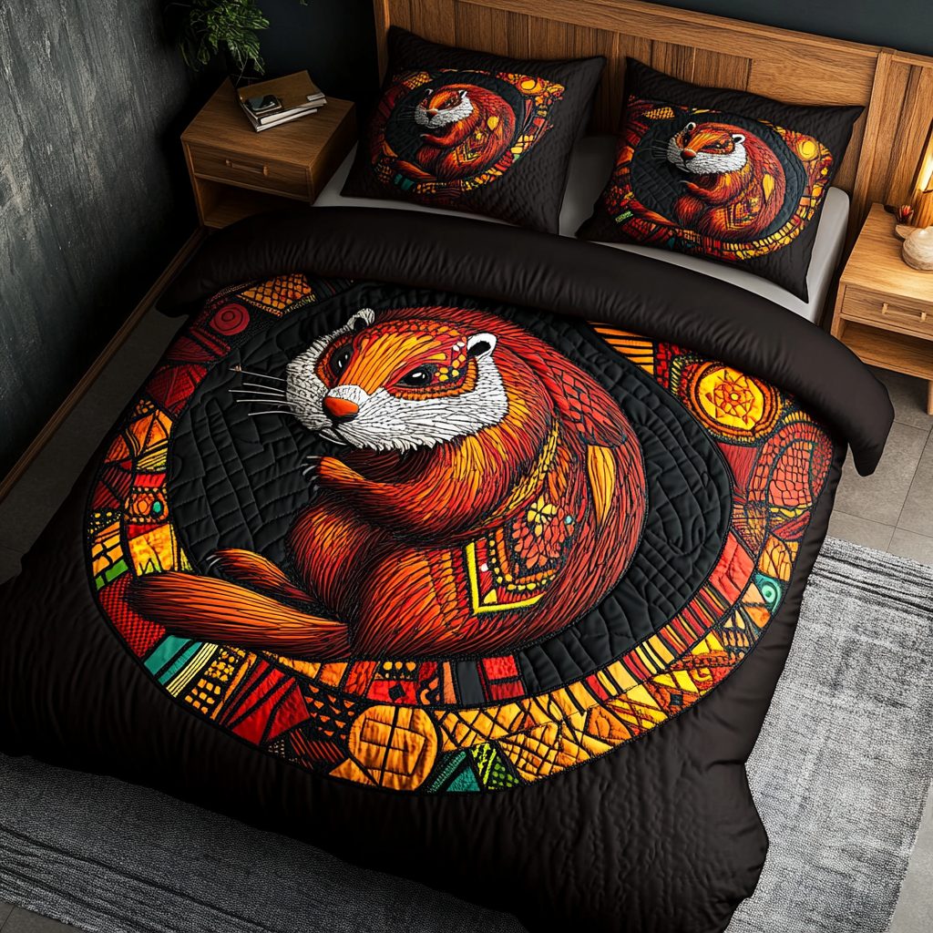 Wild Escape quilted 3-piece bedding set on a made bed with two matching pillow shams