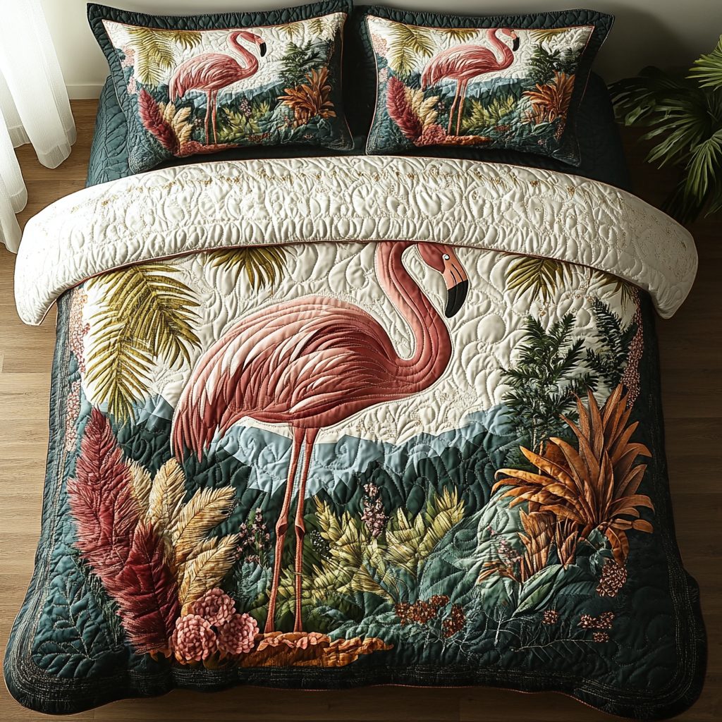 Wild Flamingo quilted 3-piece bedding set on a made bed with two matching pillow shams