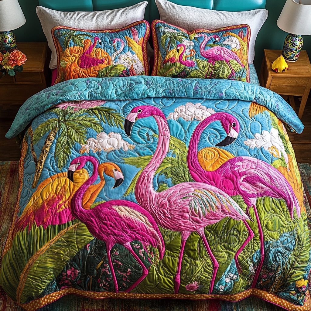 Wild Flamingo quilted 3-piece bedding set on a made bed with two matching pillow shams